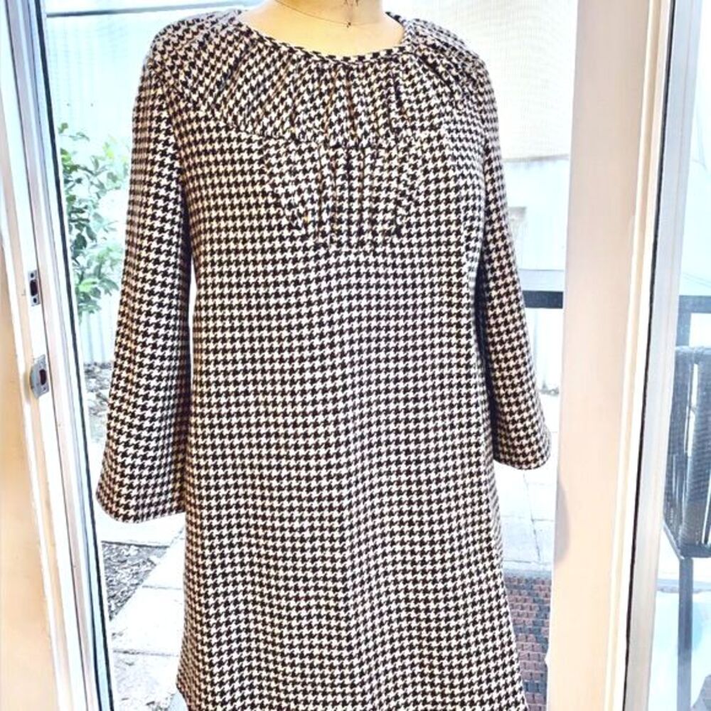 Anthropologie Loeffler Randall B&W Houndstooth Wool Swing Coat SZ S Pleated Yoke